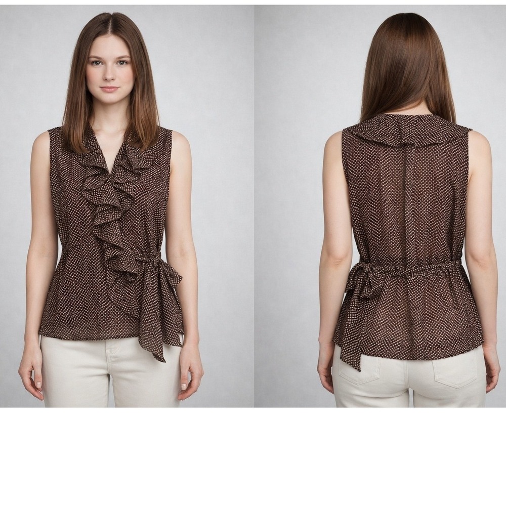 New York & Company Wrap Blouse Womens Small Brown Polka Dot Ruffle Siren Chic